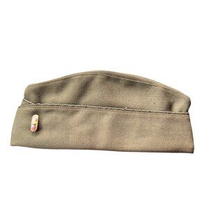 Vintage US Military Wool Garrison Cap Hat Leather Size 6 5/8 With Lapel Pin USA